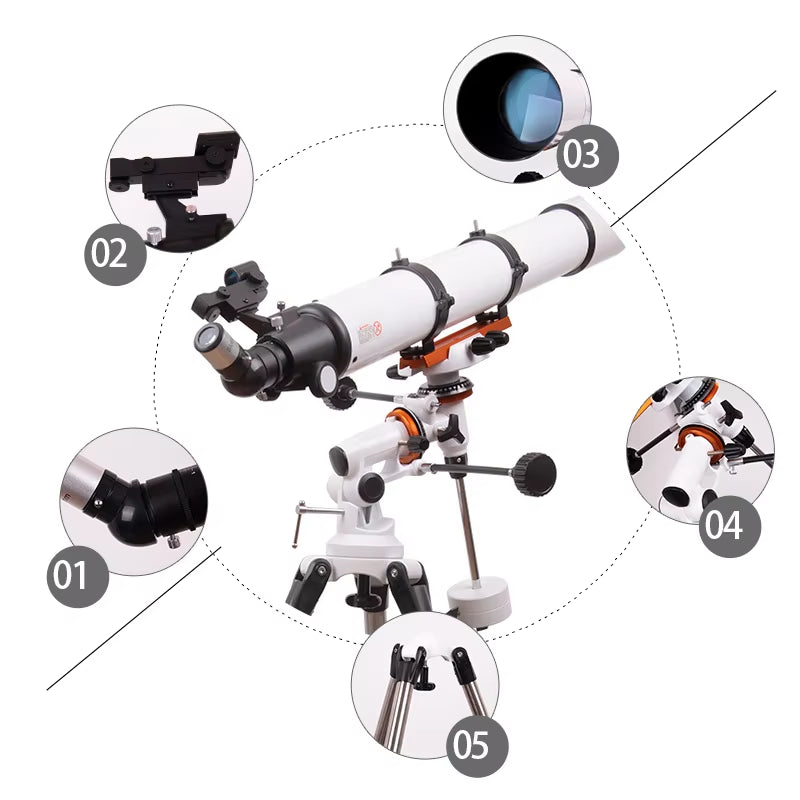 Outdoor Professional Stargazing F90080MM Astronomical Telescope with Equatorial Mount Telescope Refracting Space Telescope
